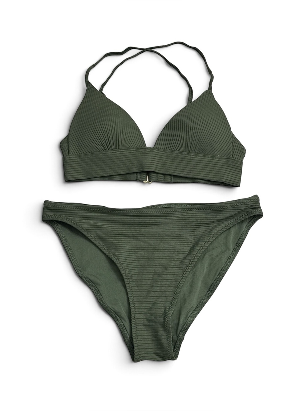 H & M Swimwear Padded Maillots Green Ribbed Bikini Set Top Bra 0 Bottoms 2